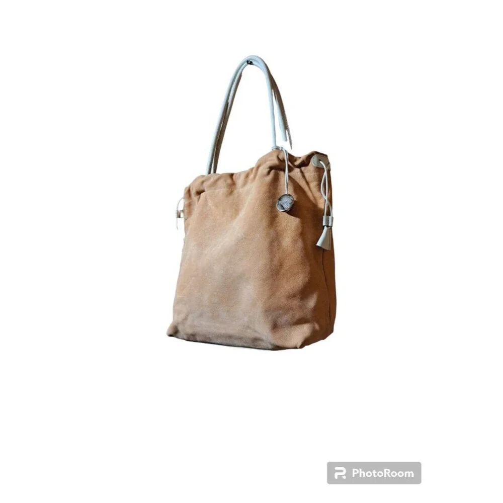 Furla Women's Tan Suede White Leather Trim Drawstring Shoulder Purse Bag